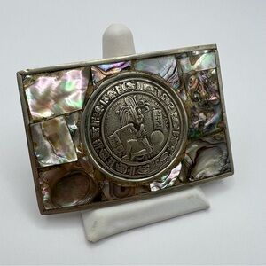 Vintage Tribal Mexican Inlaid Abalone Silver Tone Belt Buckle